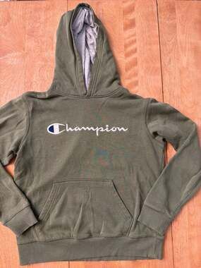 Champion Youth Olive Green Embroidered Script Logo Hoodie Size Large